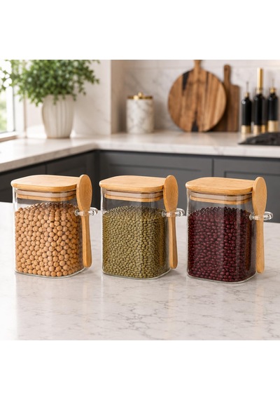 3'lü 500 Ml Kaşıklı Cam Kavanoz Seti, Bambu Kapaklı Şeffaf Baharatlık Ve Saklama Kabı, Kahve Çay Şeker Tuz Ve Kuru Gıda İçin Çok Renkli