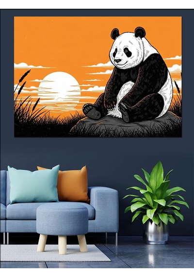 Ahşap Tablo Gün Batımında Oturan Panda Portresi