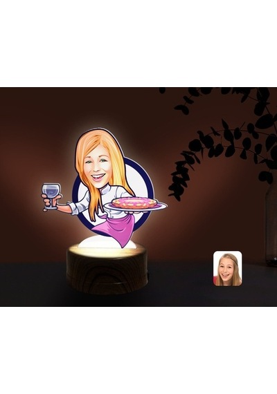 Kişiye Özel Kadın Garson Karikatürlü Dekoratif 3D Biblo Led Işıkl