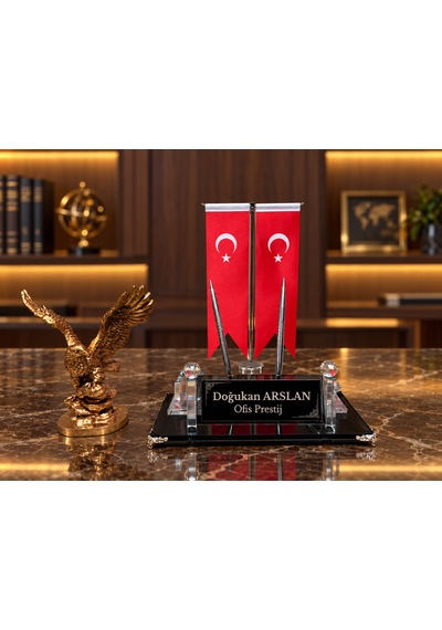 Velora 3 Parça Kristal Ofis Seti Kişiye Özel İsimlik Türk Bayraklı Gold Kartal Gold - Siyah