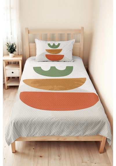 Geometrik Yeşil Genç Odası Tek Kişilik Pike Takımı - Turuncu Bej 160x220 Cm Kapitone Yatak Örtüsü Gizli Pamuk Yansıması