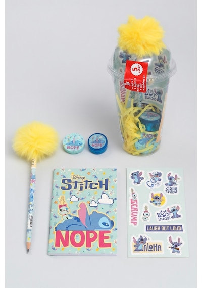 X Dekomus Lisanslı Stitch Aloha Dream Cup 5 Parça Kırtasiye Seti Sticker, Tüylü Kalem "dekomus Cep Defteri Hediyeli" Altın