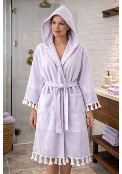 %100 Pamuk Dokuma Kapüşonlu Cepli Unisex Peştemal Pike Bornoz Ultra Yumuşak M/l/xl Beden Mor