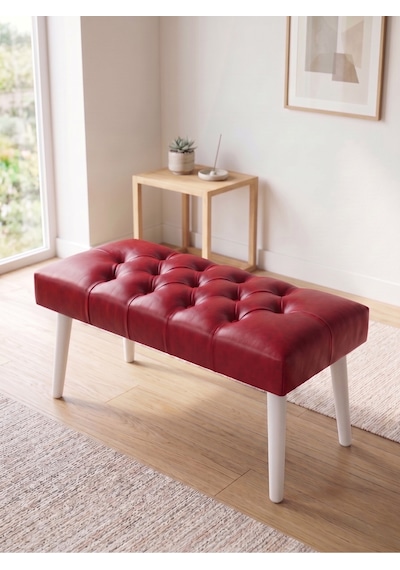 Modern Kapitoneli Kırmızı Deri Kumaş Bench Puf Oturma Bankı Ahşap Beyaz Ayaklı Demonte 90x45