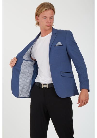 Sposo G-193 Dar Kalıp Örme Kumaş İndigo Erkek Blazer Ceket İndigo