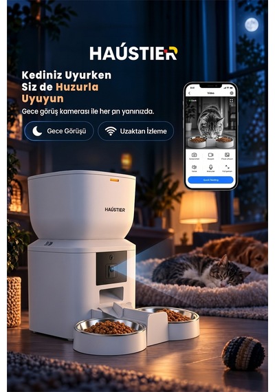 Qq025-dual Kameralı Akıllı Otomatik Kedi Mama Kabı, 480p, Gece Görüşlü, 2.4ghz, 4lt, Çift Metal Kase