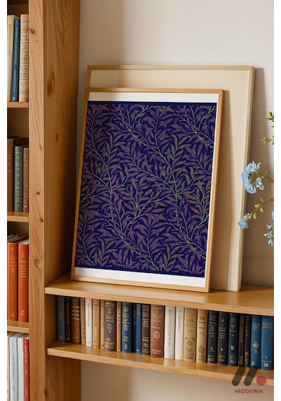 William Morris Mor Yaprak Deseni, Ahşap Çerçeveli Duvar Tablosu - Ev Dekorasyonu