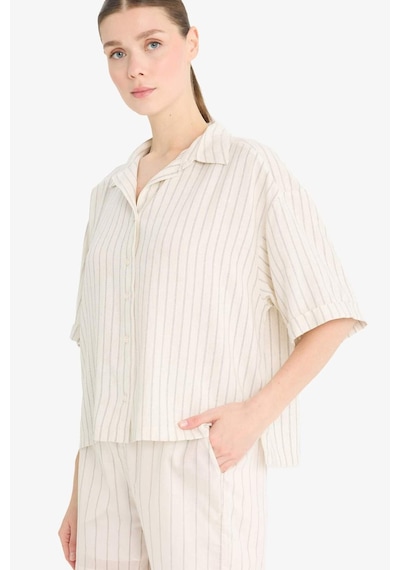 DeFacto Loose Fit Çizgili Keten Karışımlı Kısa Kollu Gömlek F5546AX25SMER105