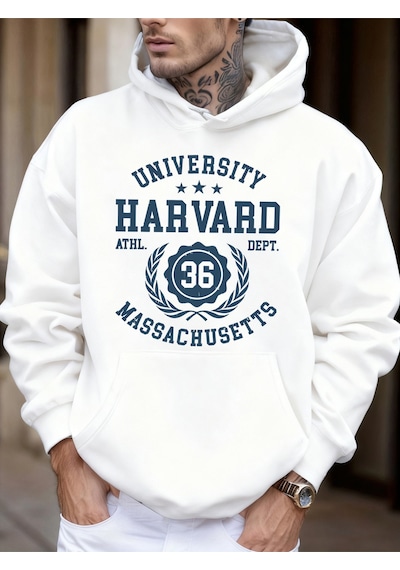 Startmore Startmoreüniversite Harvard Massachusetts Baskı Sonbahar Yumuşak Kapüşonlu Üst Erkek Polar Gevşek Kaza Beyaz