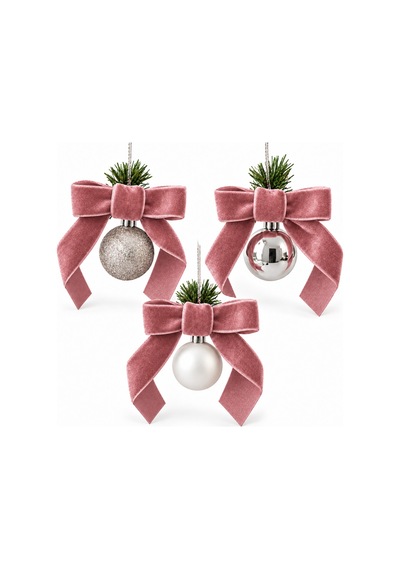 3 Lü Pembe Kadife Fiyonklu Yılbaşı Topu Seti Noel Ve Çam Ağacı Asma Süsü Dekoratif Yılbaşı Süsü Pembe - 938600472