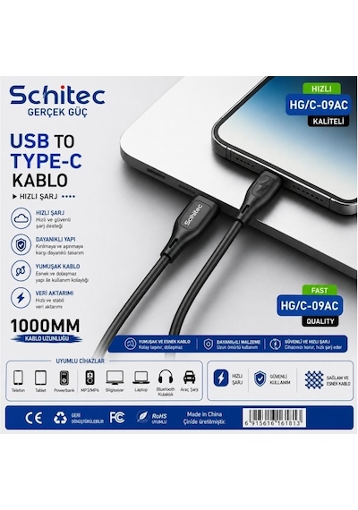 Schitec 38w 2 Çıkışlı Hızlı Şarj Başlığı Ve Usb-a To Type-c 60w Hızlı Data Ve Şarj Kablosu