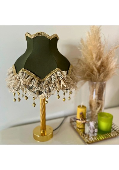 Haki Renk Sendi Kumaş Kaplı Gold Detay Vintage Abajur 45x27cm Hk00124