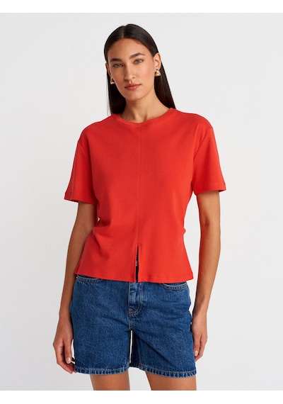 Dilvin 31874 Yırtmaç Detaylı T-shirt-kırmızı Kırmızı