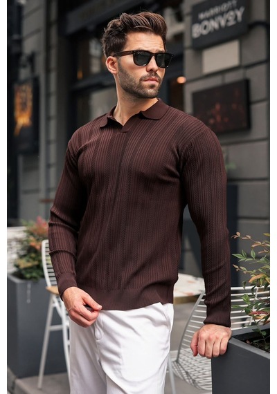 Madmext Kahverengi Polo Yaka Desenli Over Fit Erkek Triko Kazak E7517