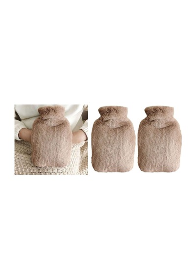 Sıcak Su Torbası 2 Adet,yan Cepli Bej Peluş Termofor 27x17x2cm 750ml Bej