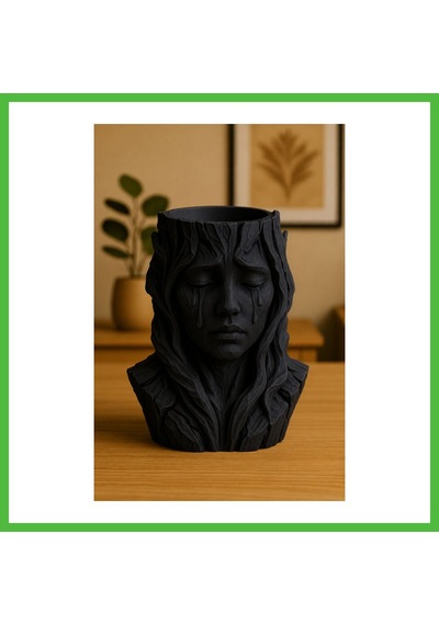 Vaveni 3d Baskı Ağlayan Kadın Büst Saksı - Sanatsal Dekoratif Saksı - Siyah Arz