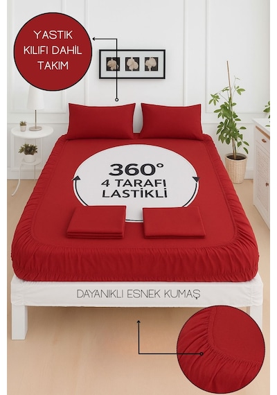 Mirava Premium %100 Pamuk Penye Lastikli Tek Kişilik Çarşaf Takımı 1 Yastık Kılıfı Dahil Bordo 100x200cm Bordo