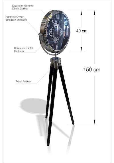 Tripod Tripot 3 Ayaklı Saat Dışarıdan Görünen Gerçek Döner Çarklı Krom Çerçeveli Camlı Yer İstasyon Vitrin Köşe Salon Koridor Eşsiz Hediyelik Masa Duvar Yer Saati