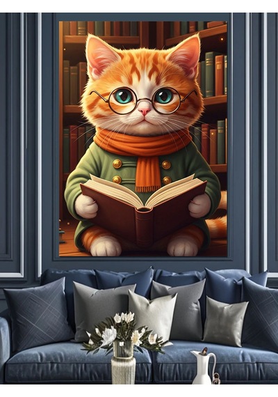 Kitap Okuyan Sevimli Kedi Dekoratif Kanvas - Mdf Ahşap Tablo