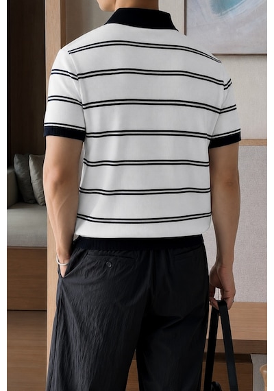 Tarz Cool Erkek Çizgili Polo Yaka Viskon Triko Tişört Slim Fit Yazlık Şık Triko Polo Beyaz