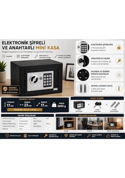Elektronik Şifreli Anahtarlı Mini Kasa T17 Çelik Kasa 23x17x17 Cm 2 Anahtar + 2 Çelik Dübel