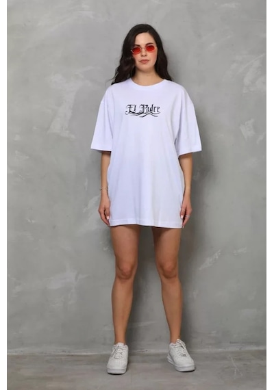 Amorluxe Unisex Bisiklet Yaka Baskılı Oversize T-shirt - Beyaz