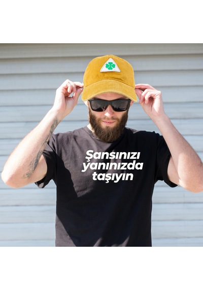 Perlotus Vintage Yıkamalı Pamuk Şapka Dört Yapraklı Yonca Nakışlı Sarı Sarı