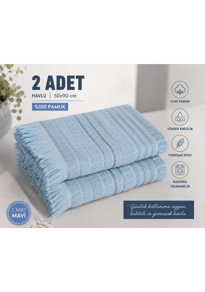 2'li Yüz Havlusu Seti 50x90 Cm Pamuklu El Havlusu Püsküllü Yumuşak Dokulu Yüksek Emici Günlük Kullanım Mavi