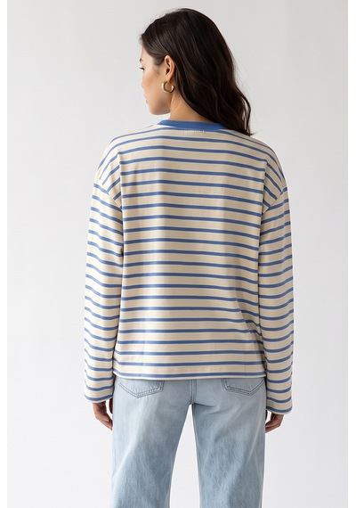 Mixray 2236 Çizgili Bisiklet Yaka Uzun Kol Oversize Sweatshirt Mavi