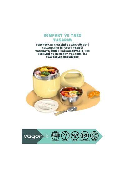 Vagonlife Bento 1200ml Lunchbox 1 Kaseli 4-6 Saat Sıcak/soğuk Termos Özellikli Çelik Sefer Tası Yemek Kutusu Sarı