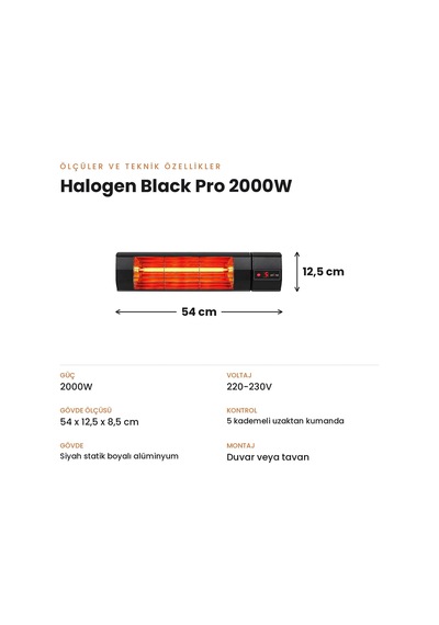 Tr Halogen Black Pro 2000w Elektrikli Halojen Infrared Dış Mekan Isıtıcı, 5 Kademeli Uzaktan Kumandalı, Siyah Alü