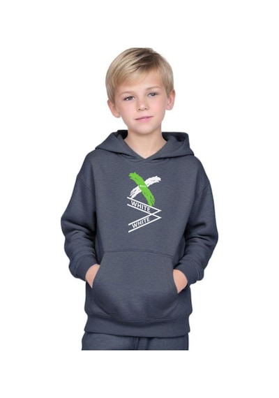Fyk Kids Kapüşonlu Kanguru Cepli White Yazı Baskılı Erkek Çocuk Eşofman Takımı Füme