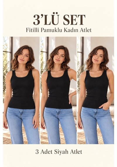 Erdenay Tekstil Fitilli Kalın Askılı Pamuklu Basic Kadın Atlet - Siyah 3'lü Set Siyah 3lü