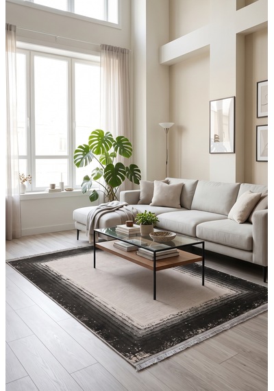 Saten Halı Modern Kaymaz Tabanlı Yıkanabilir Salon Oturma Odası Halısı Çerçeve Çizgili Desen Antrasit