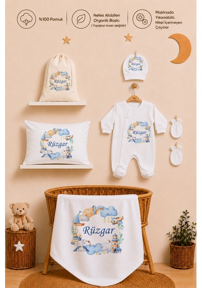 Pia Baby İsme Özel %100 Pamuk Erkek Bebek Yastık Battaniyeli Tulum Set Kese Hediyeli 1098tybk0x Krem