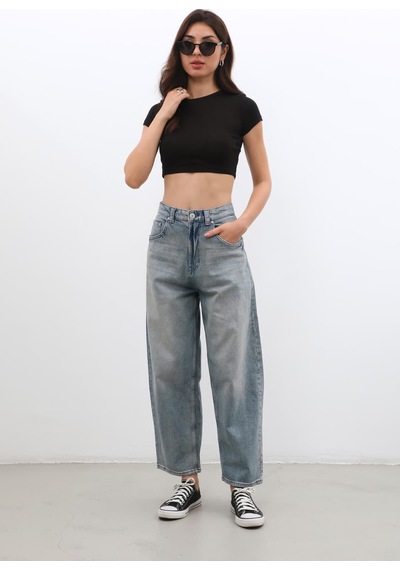 Kadın Yüksek Bel Skater Fit Jean Pantolon Tint Mavi