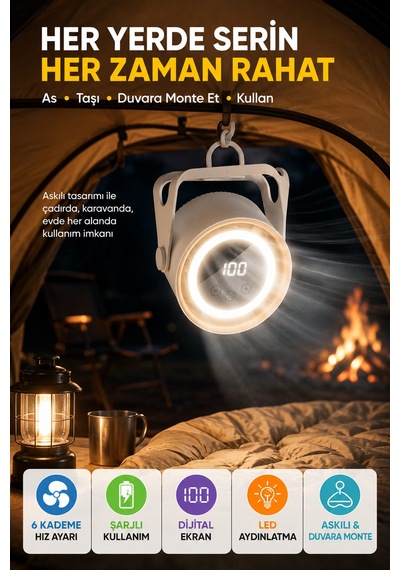 6 Kademeli Şarjlı Masaüstü Fan Dijital Ekranlı Led Işıklı Duvara Monte Askılı Mini Fan K6 Model