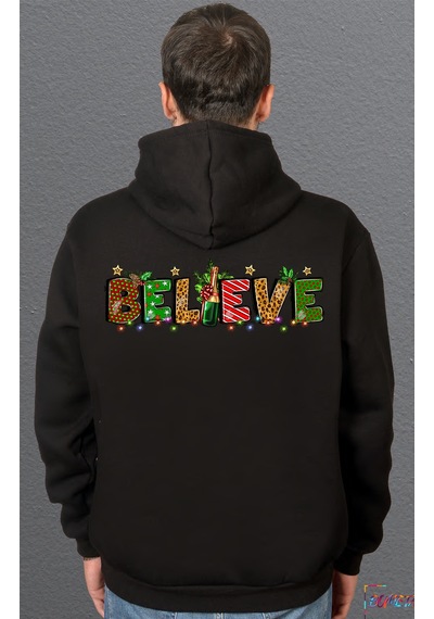 Bumeta Believe Christmas Yılbaşı Baskılı Sweatshirt Unisex Kapüşonlu Hoodie Siyah