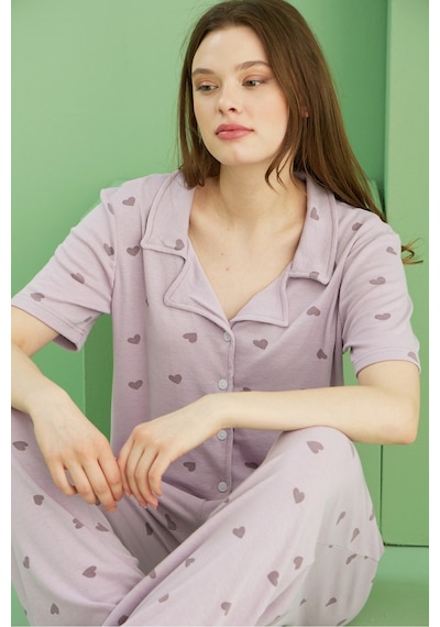 Siyah İnci Fitilli Kaşkorse Örme Düğmeli Gömlek Yaka Pijama Takım Lila