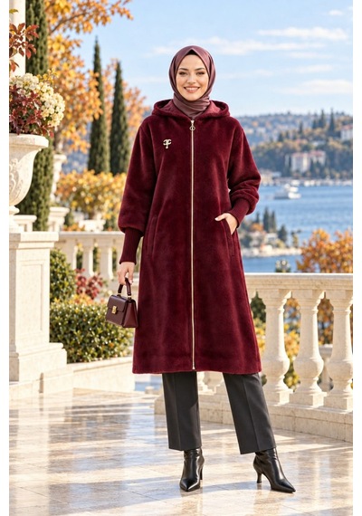 Hb Harma Time Butik Kadın Fermuarlı Kapüşonlu Angora Bordo Kürk Kaban Bordo Bordo