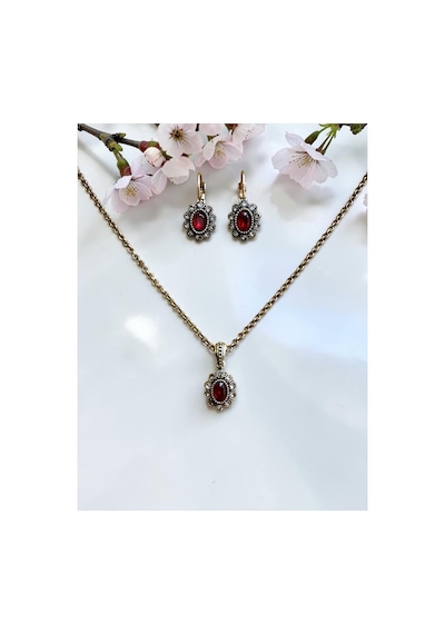 Kristal Taşlı Oval Kolye Ve Küpe Seti Kırmızı