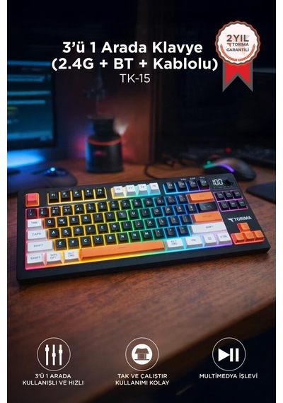 Özel Seri Çoklu Bağlantılı Rgb Işıklı Q Klavye Tk15 Siyah Yazı Masa Aydınlatmalı