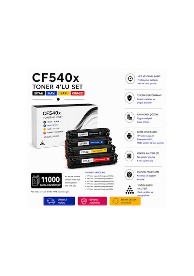 Hp Cf540x Toner 4'lu Set Siyah Mavi Sarı Kırmızı