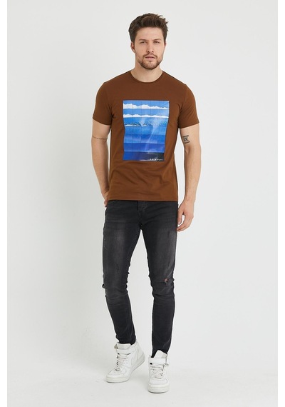 Erkek Baskılı T-shirt Hardal