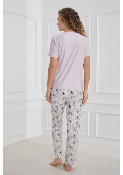 Kompedan Kadın Bisiklet Yaka Çiçek Desenli Pijama Takım Lila 30102-1168 LILA