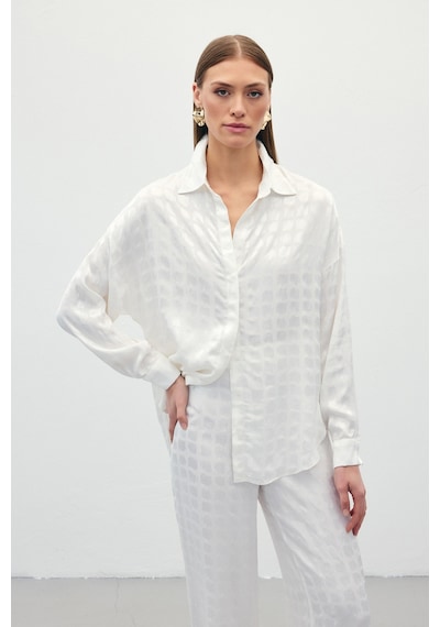 Sateen Jakarlı Saten Gömlek - Ekru-136231 Ekru