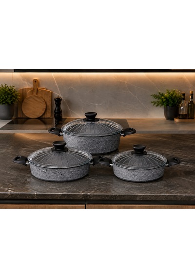 Granit Ezme Basık Tencere Seti 24cm-28cm-32cm Pilav Ve Karnıyarık Tenceresi 3lü Set Gri