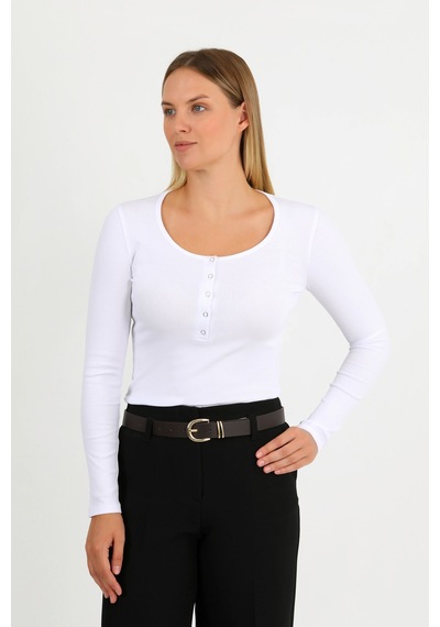 Hdm Kadın Beyaz Uzun Kollu Fitilli Patlı Çıtçıtlı Basic Örme Bluz - H6172