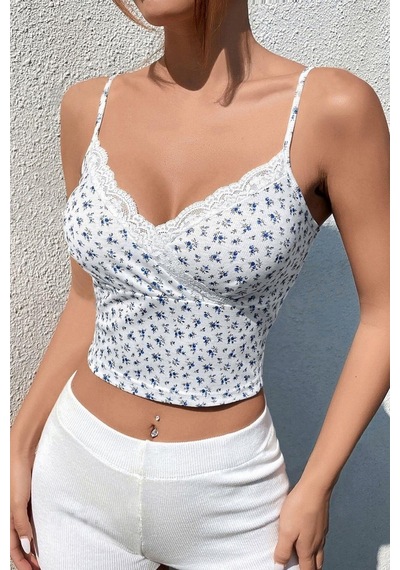 Bella Notte Kadın Beyaz Baskılı Dantel Detaylı Detaylı Crop Bluz