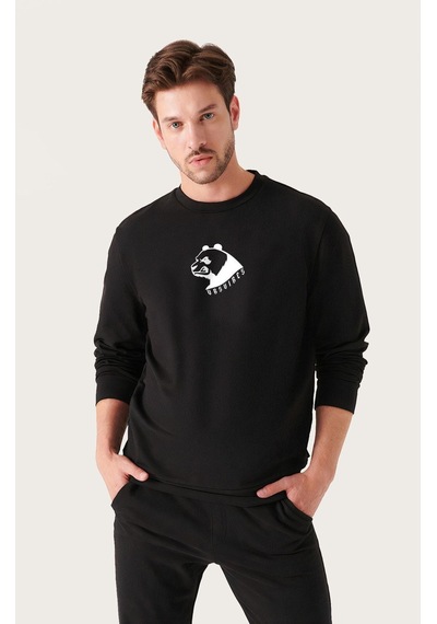 Unisex Oversize Minimal Bear Baskılı Bisiklet Yaka Siyah Sweatshirt Siyah
